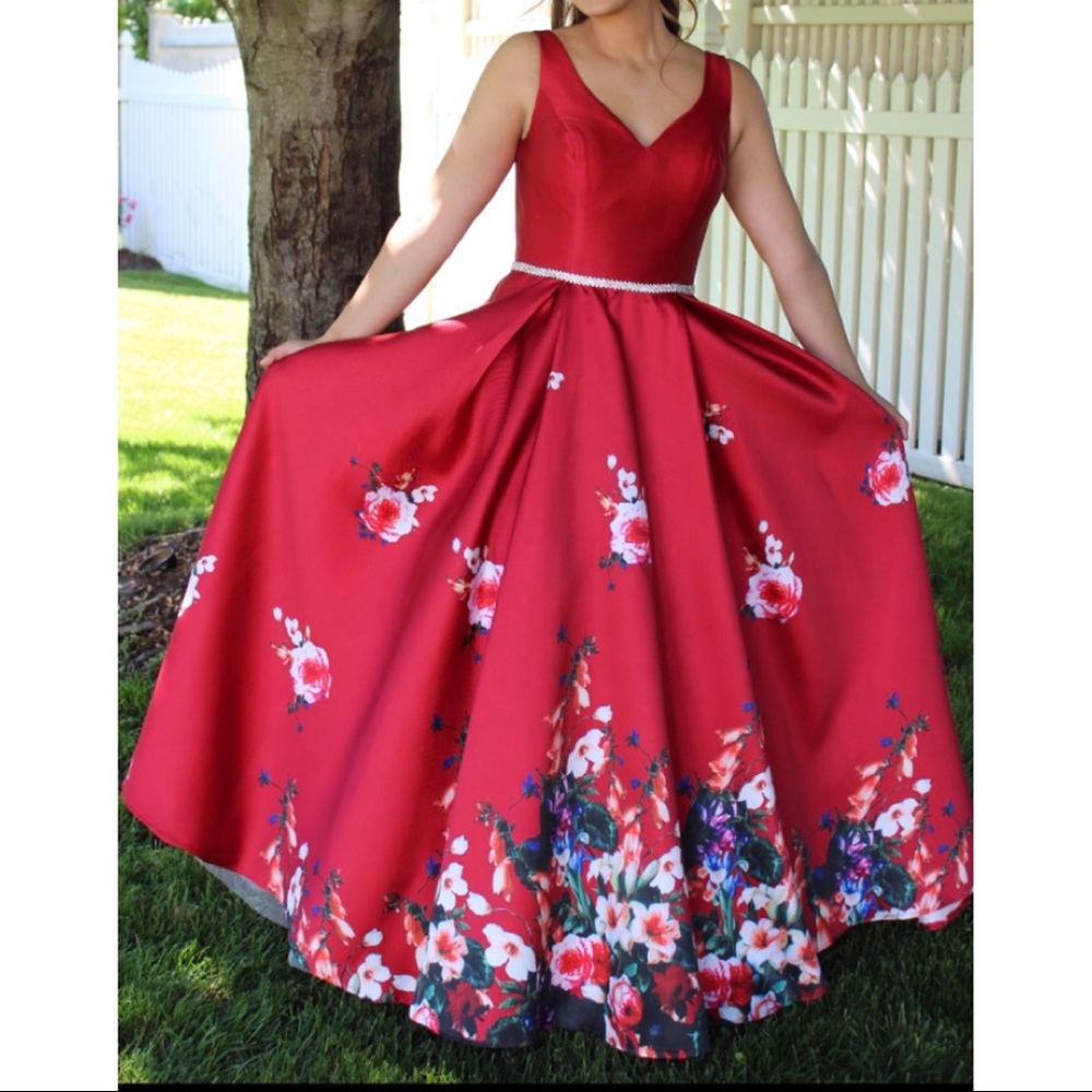 Red floral printed ball gown prom dress w pockets